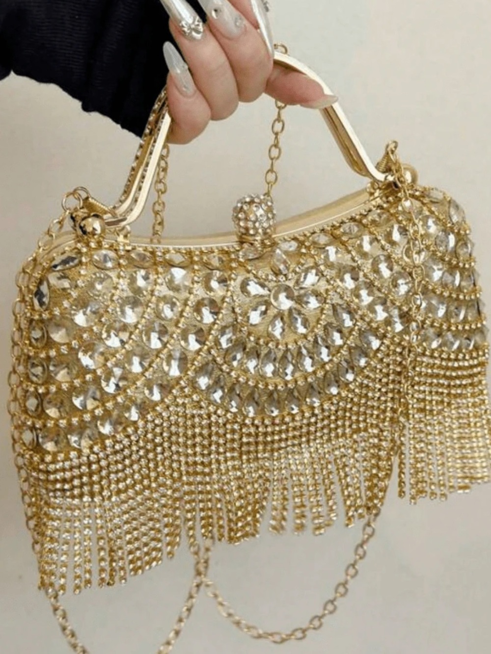 Gold Crystal Fringe Evening Clutch Handbag